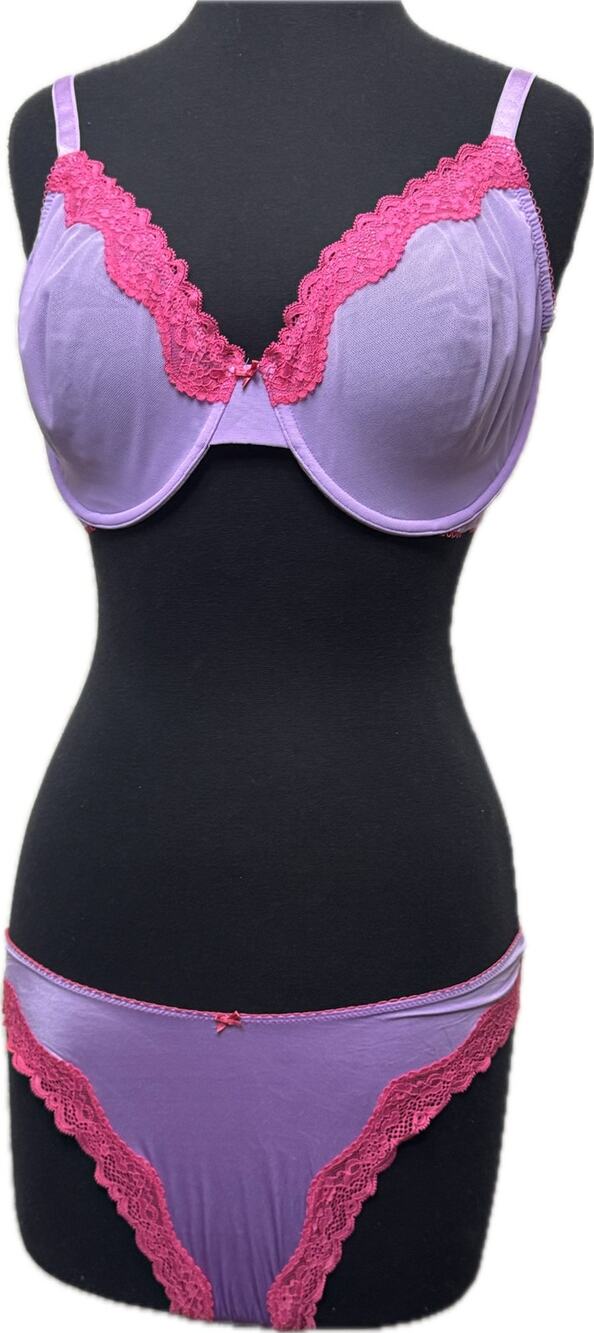 Victoria’s Secret Tease Unlined Demi Bra Thong Set 36DDD Large Purple Pink